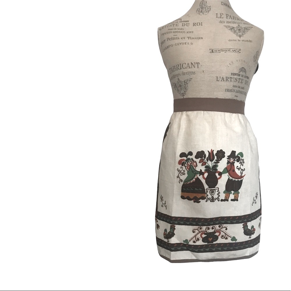 VINTAGE Made in Romania Cotton and Linen Hand Printed Apron in Cream and Brown